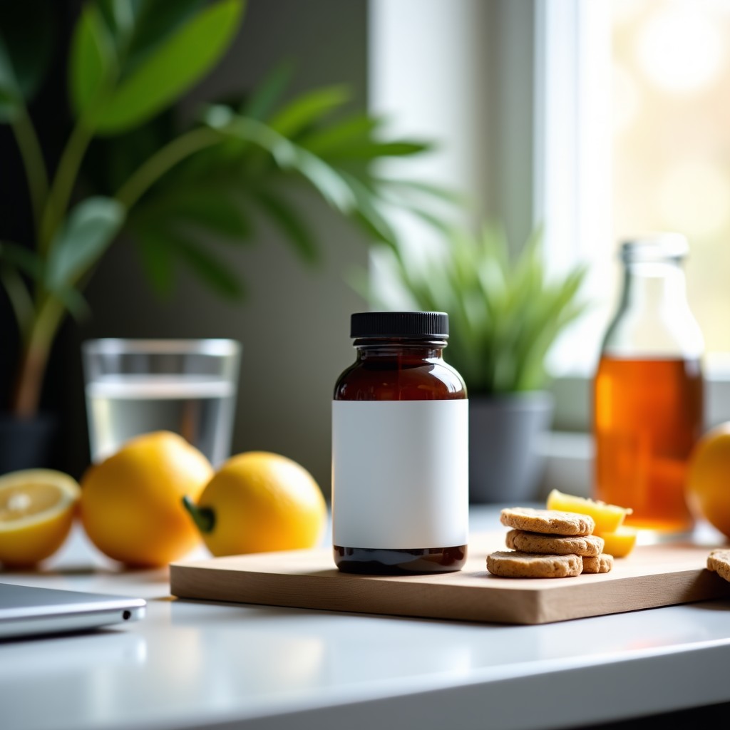A modern workspace with a bottle of health supplement, a glass of water, and fresh healthy snacks, soft natural lighting, high quality lifestyle photography, 4:3 aspect ratio.