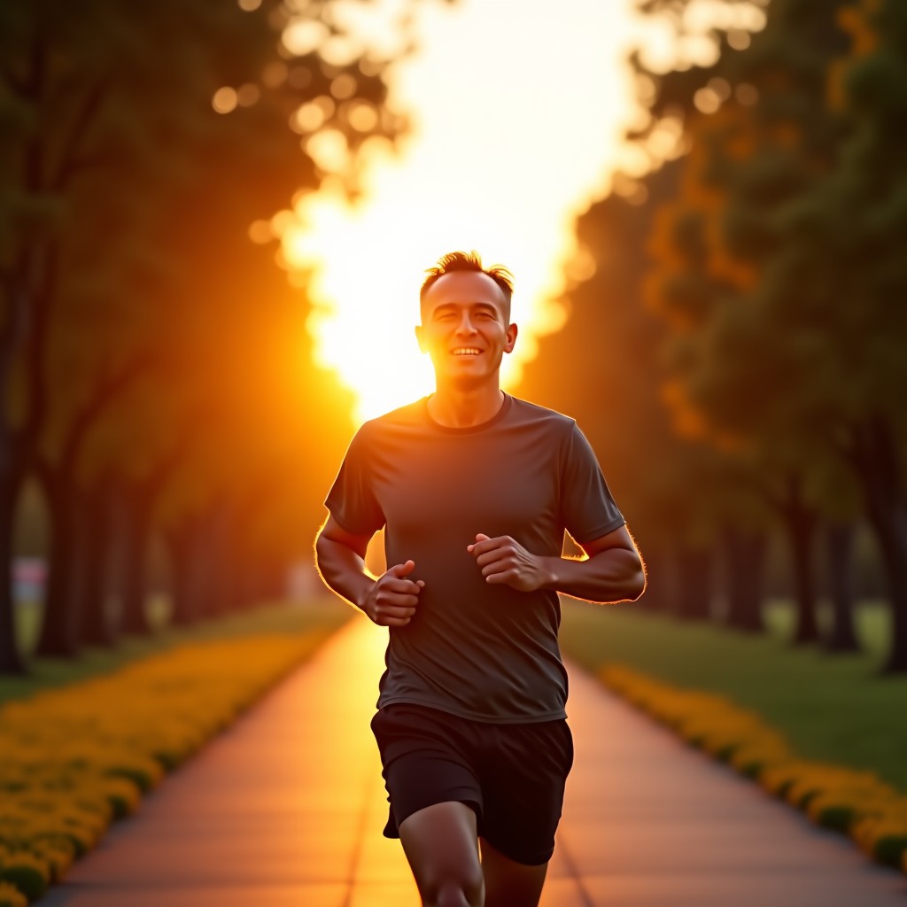 A middle-aged man jogging in a park during sunrise, feeling healthy and energetic, warm lighting, cinematic shot, realistic photography, 4:3 aspect ratio.