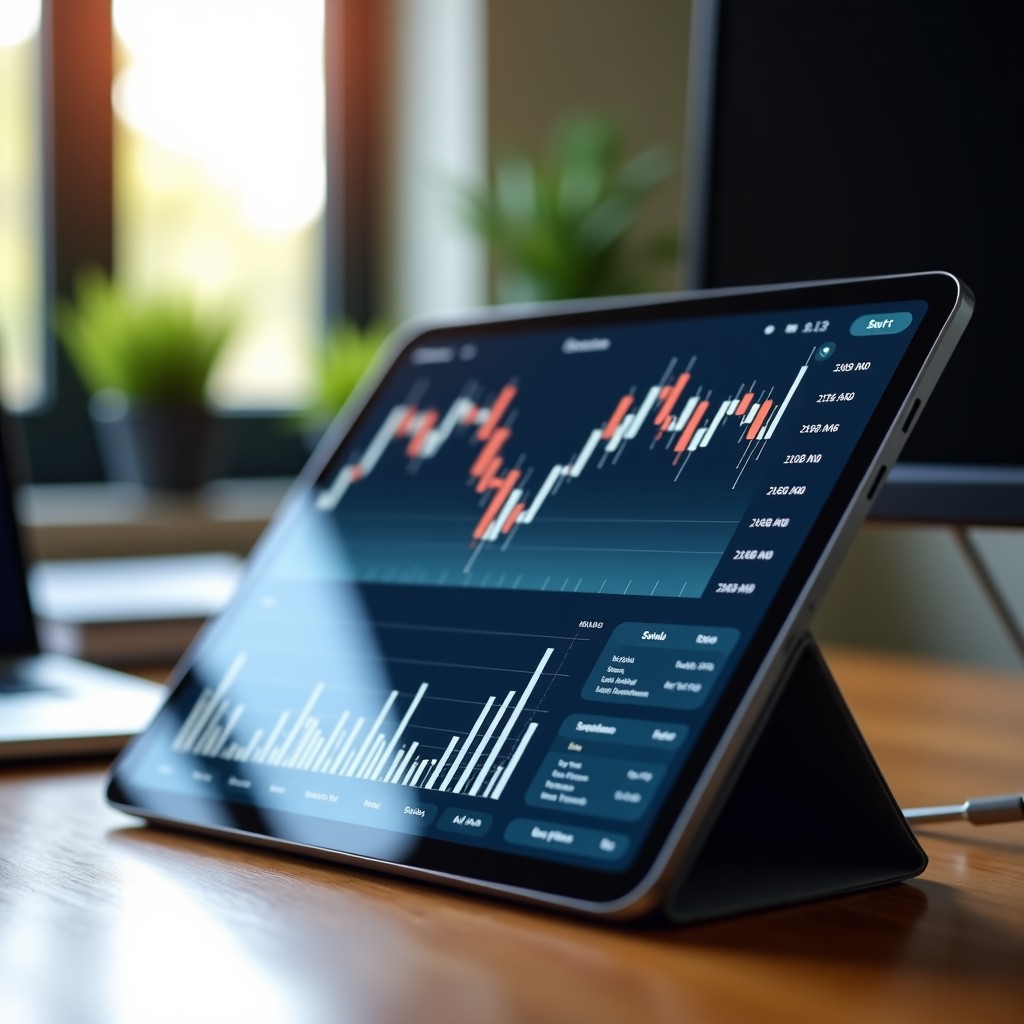 Close up of a professional workspace with a tablet showing financial charts and stock trends, soft natural sunlight on wooden table, high quality photography, 4:3