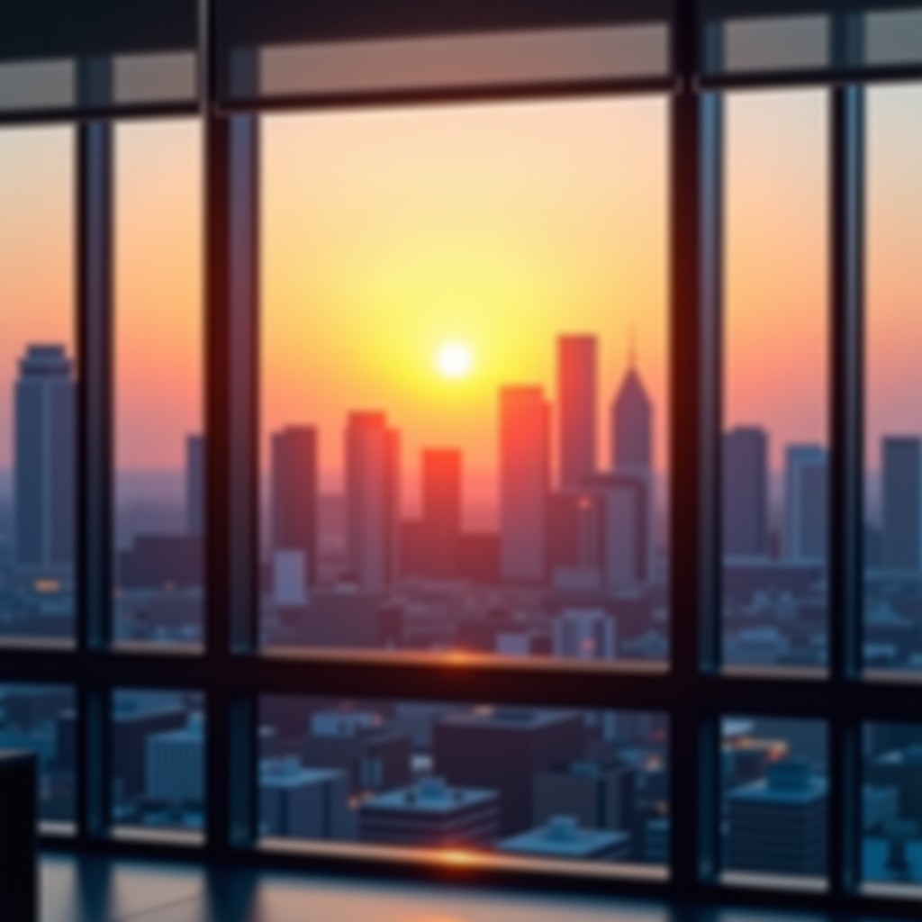 View of a city skyline at sunset through a modern office window, symbolizing long term investment growth and success, sharp focus, vibrant colors, 4:3