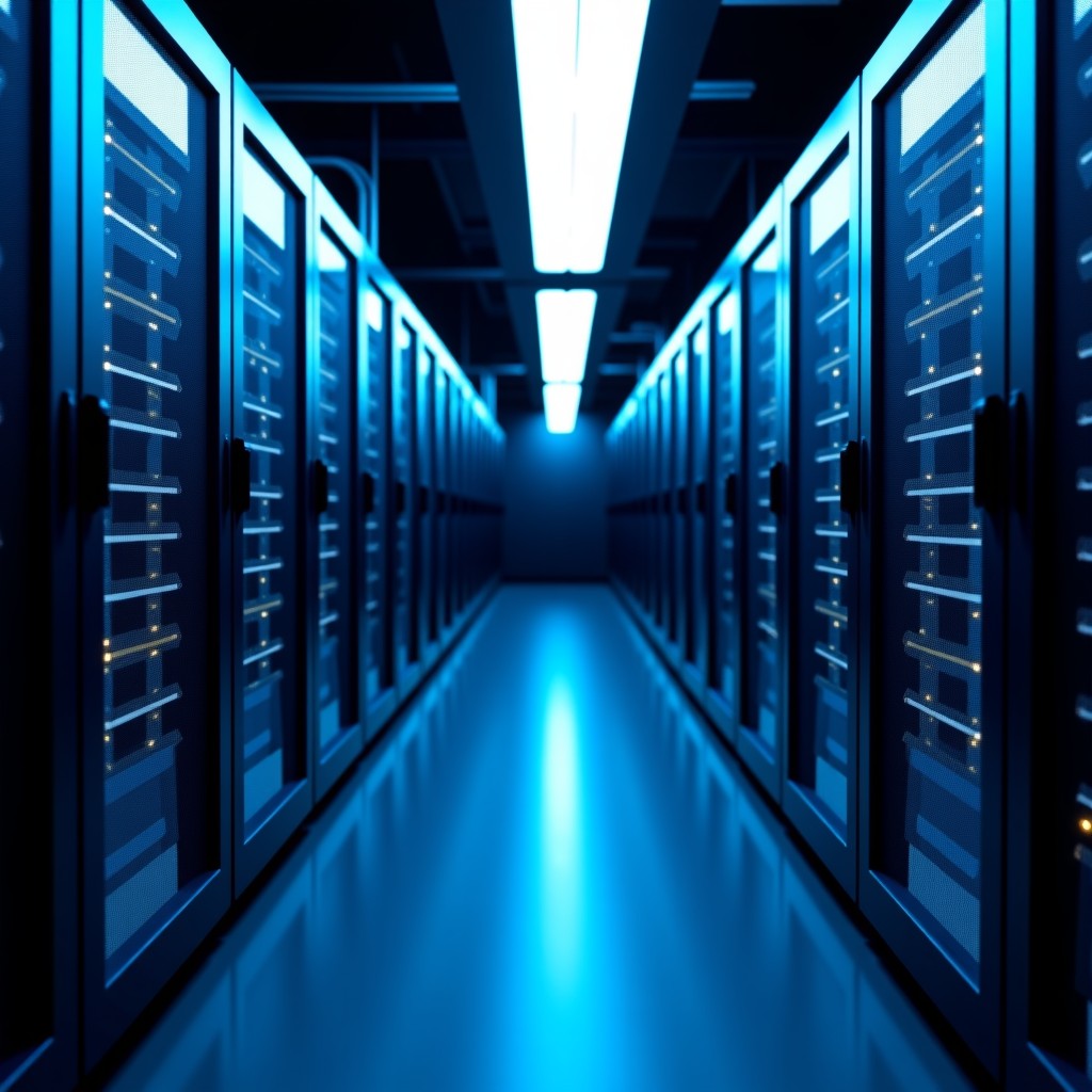Modern data center server racks with glowing blue lights, symbolic of financial technology infrastructure, cinematic lighting, 16:9