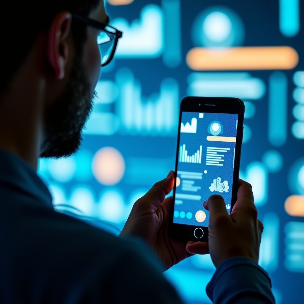 A person looking at a smartphone screen with blurry medical network graphics, professional and modern aesthetic, bright lighting, high quality, 16:9 ratio.