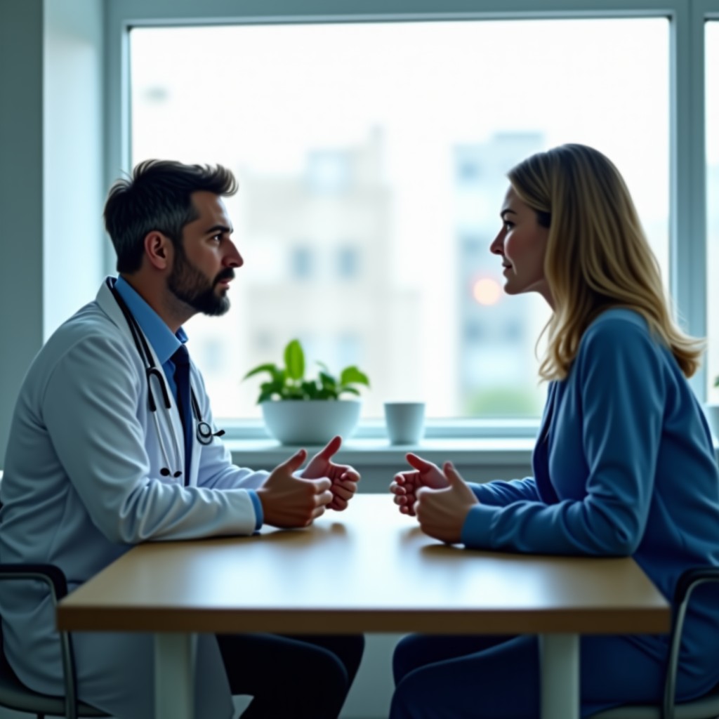 A doctor talking to a patient in a bright medical office, professional interaction, calm atmosphere, realistic style, 16:9 ratio.
