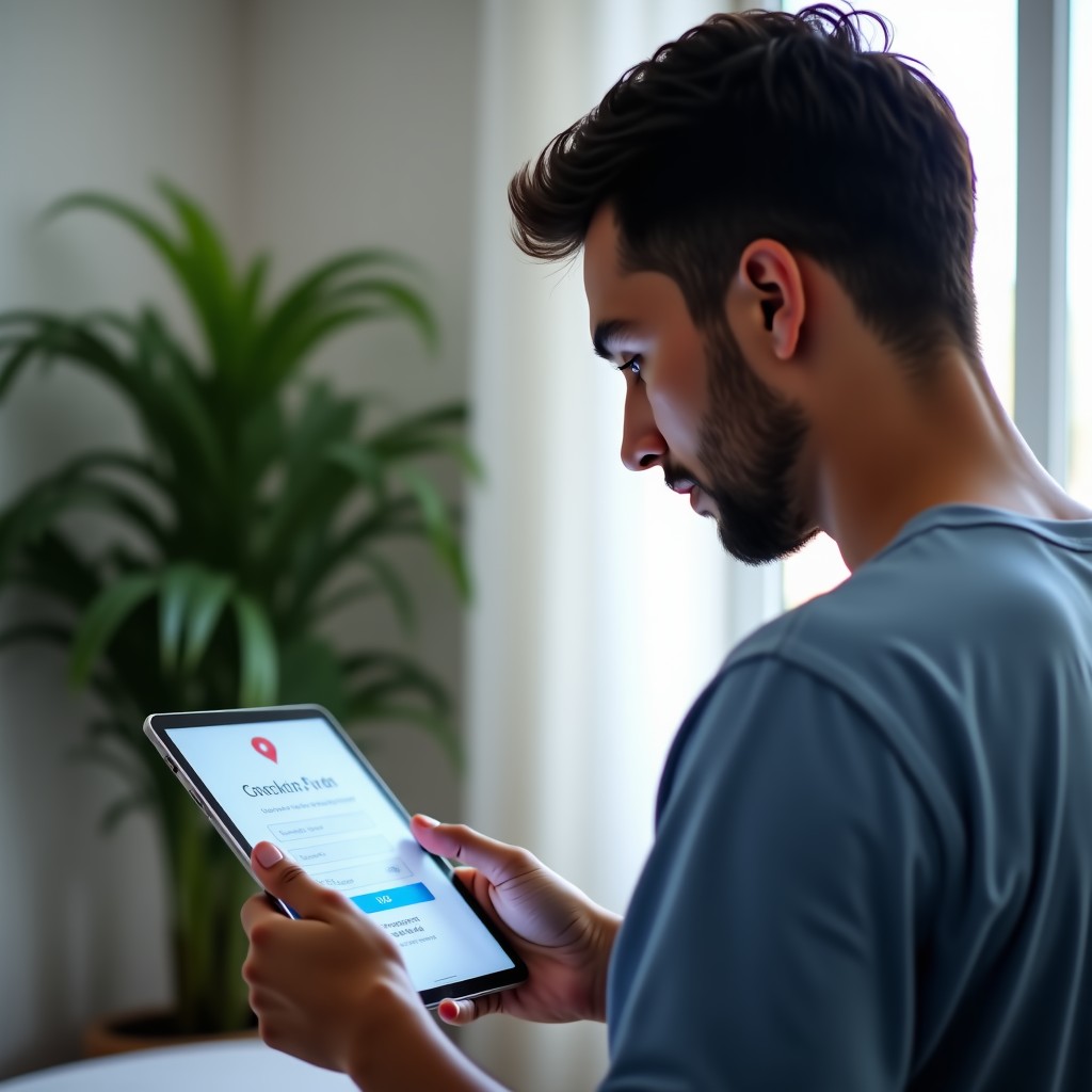 A person looking thoughtfully at a tablet displaying a medical checkup interface, clean background, modern living style, realistic photography, 16:9 ratio.