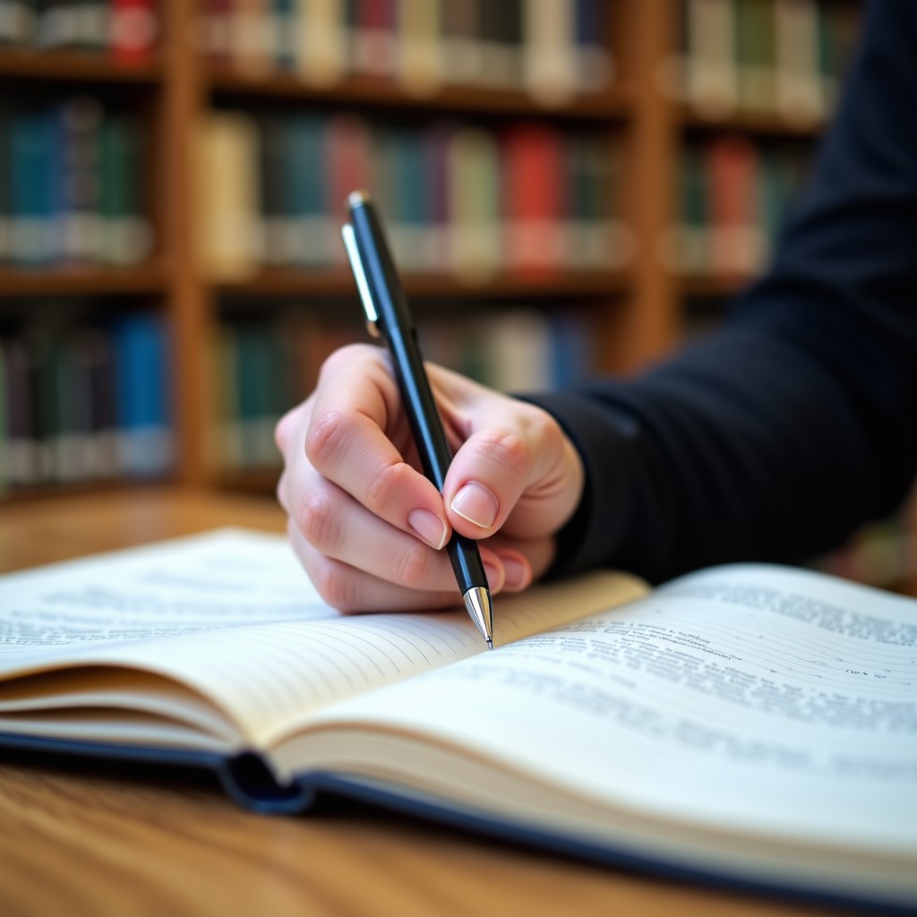 A person holding a pen over a notebook in a library, soft focus on books in the background, intellectual and calm atmosphere, high quality photography, 4:3