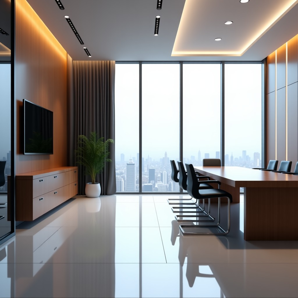 Modern sleek corporate law firm office, minimalist design, professional atmosphere, 4:3