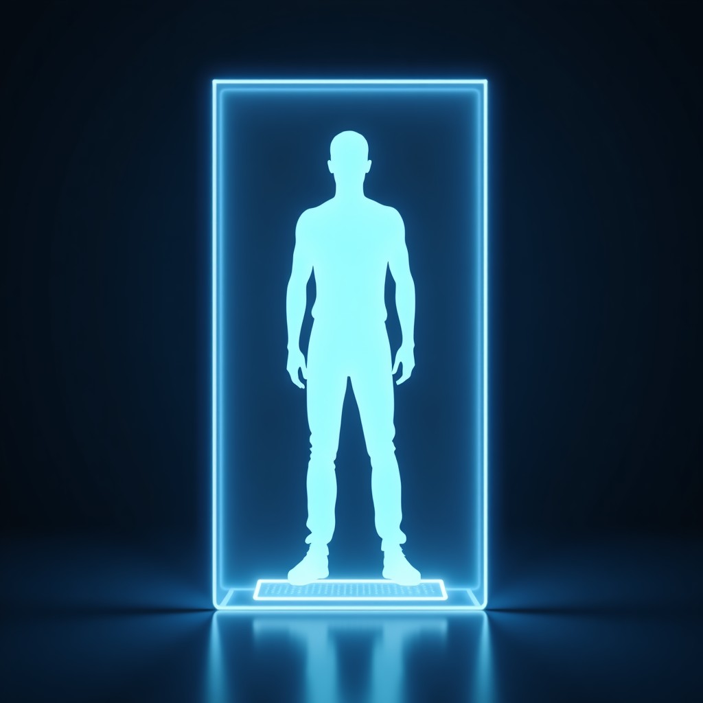 Digital holographic shield protecting a human silhouette, sophisticated technology, 1:1