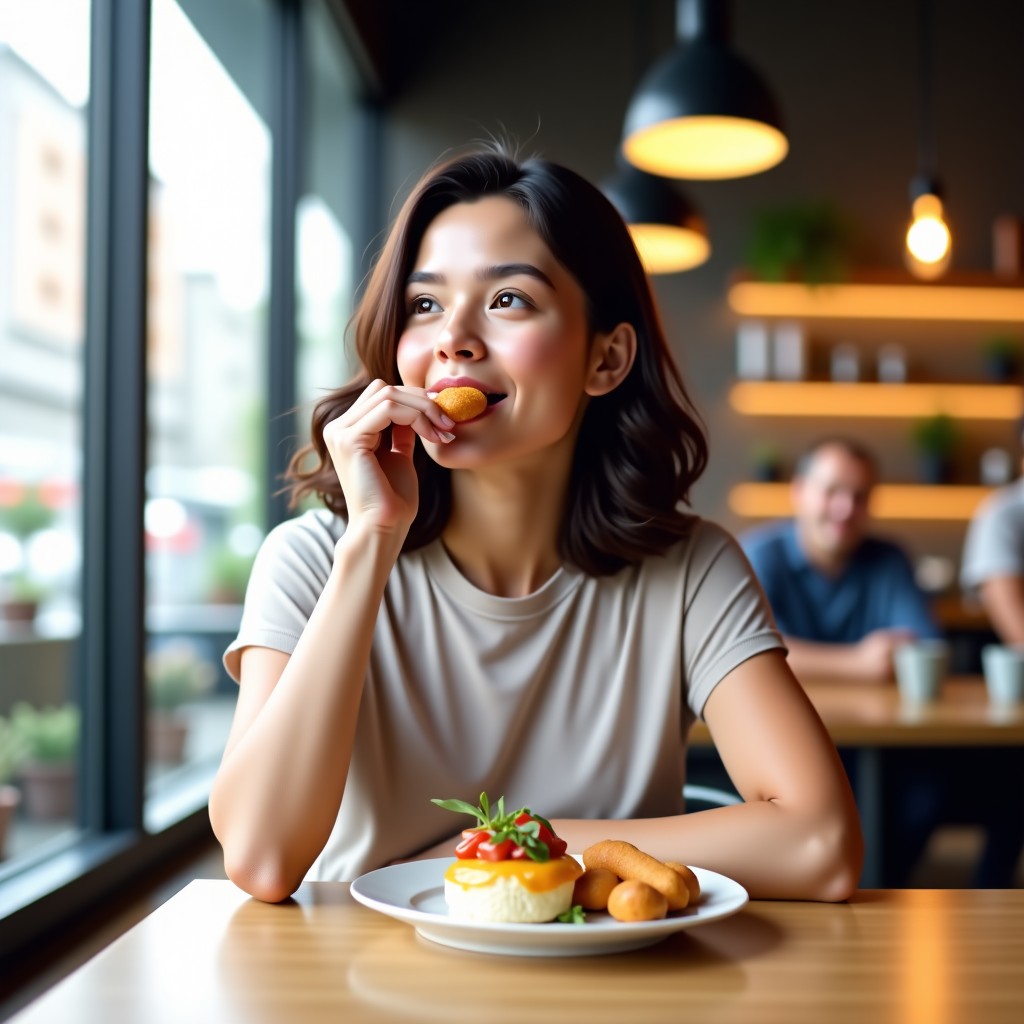 A person enjoying a snack in a modern cafe, clean composition, bright interior lighting, 4:3