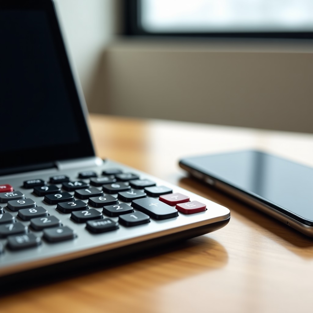 Close-up shot of a modern financial calculator next to a sleek smartphone on a wooden desk. Professional and tidy office environment, soft focused lighting, neutral color palette, 4:3 aspect ratio.