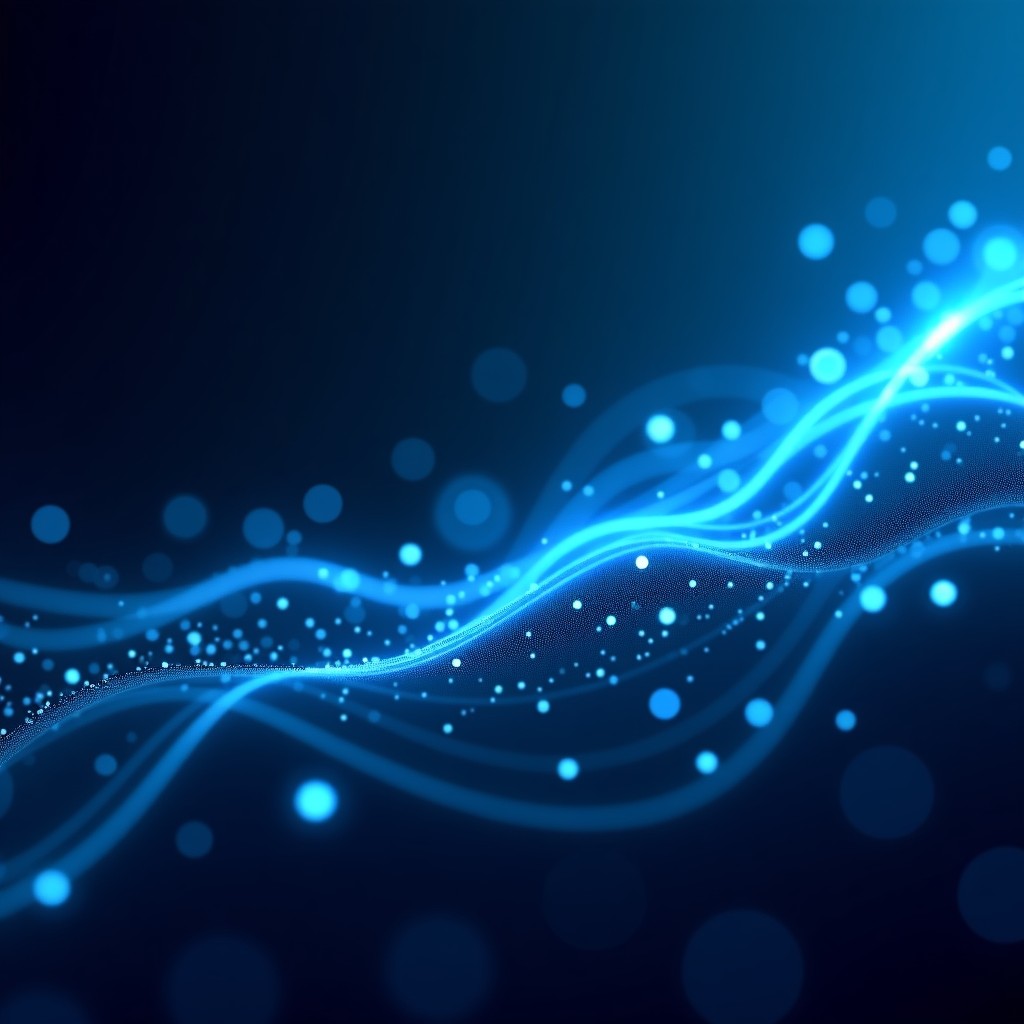 Abstract representation of digital information flow, light streaks and data particles on a deep blue background, modern technology concept, high contrast, 4:3 aspect ratio.