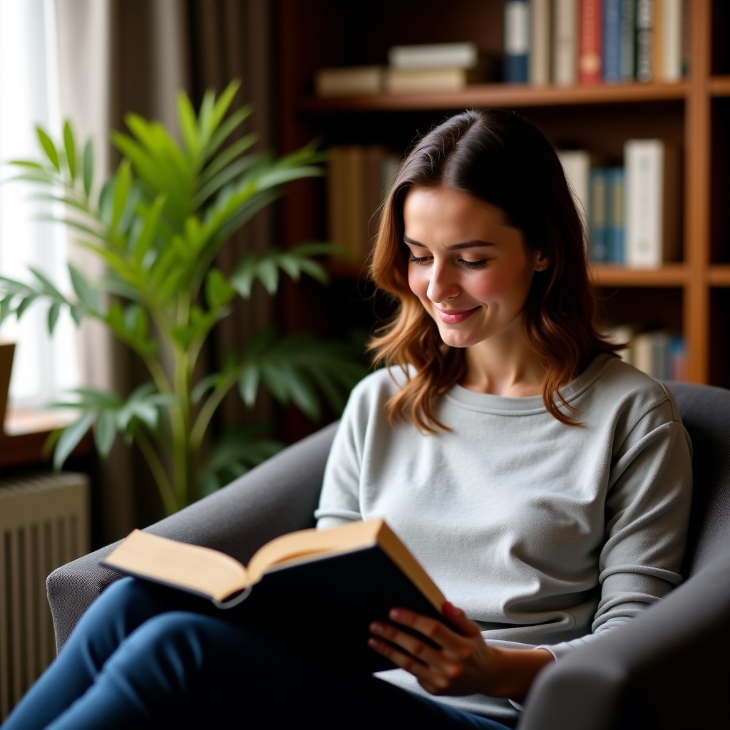 A person reading a finance book in a well-lit home library, peaceful atmosphere, warm tones, high quality lifestyle photography, 4:3 aspect ratio.