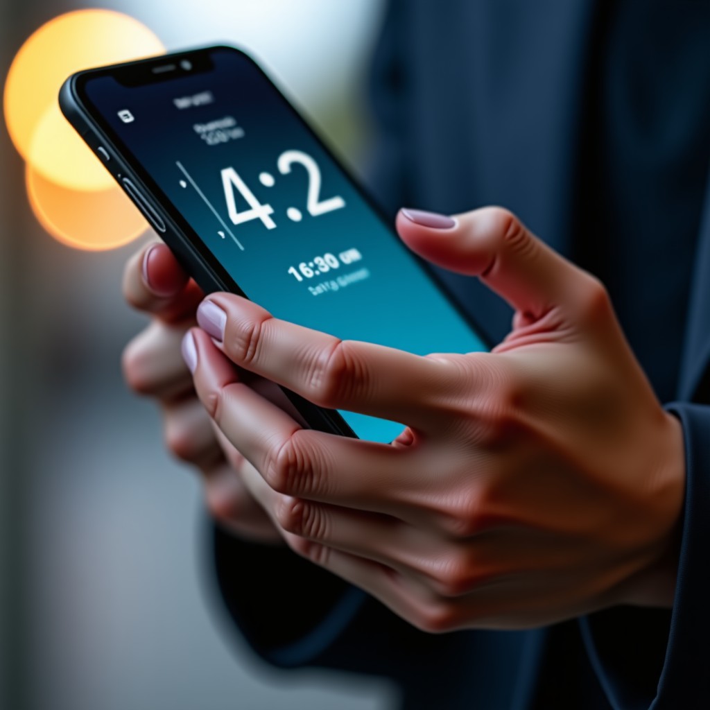 Close up of hands holding a smartphone, focused expression, waiting for the timer to count down, modern technology vibe, 4:3