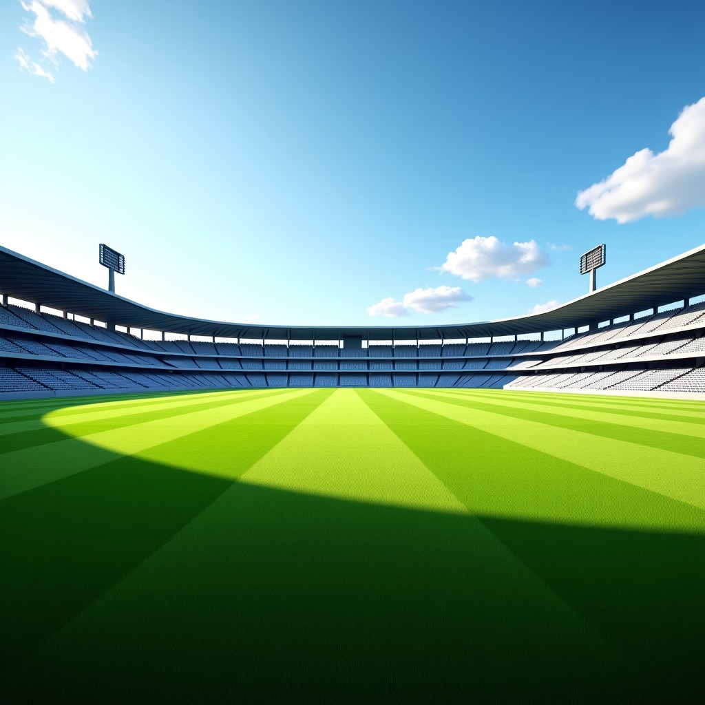 Wide view of a modern baseball stadium field with lush green grass, clear sky, professional architectural photography, 4:3