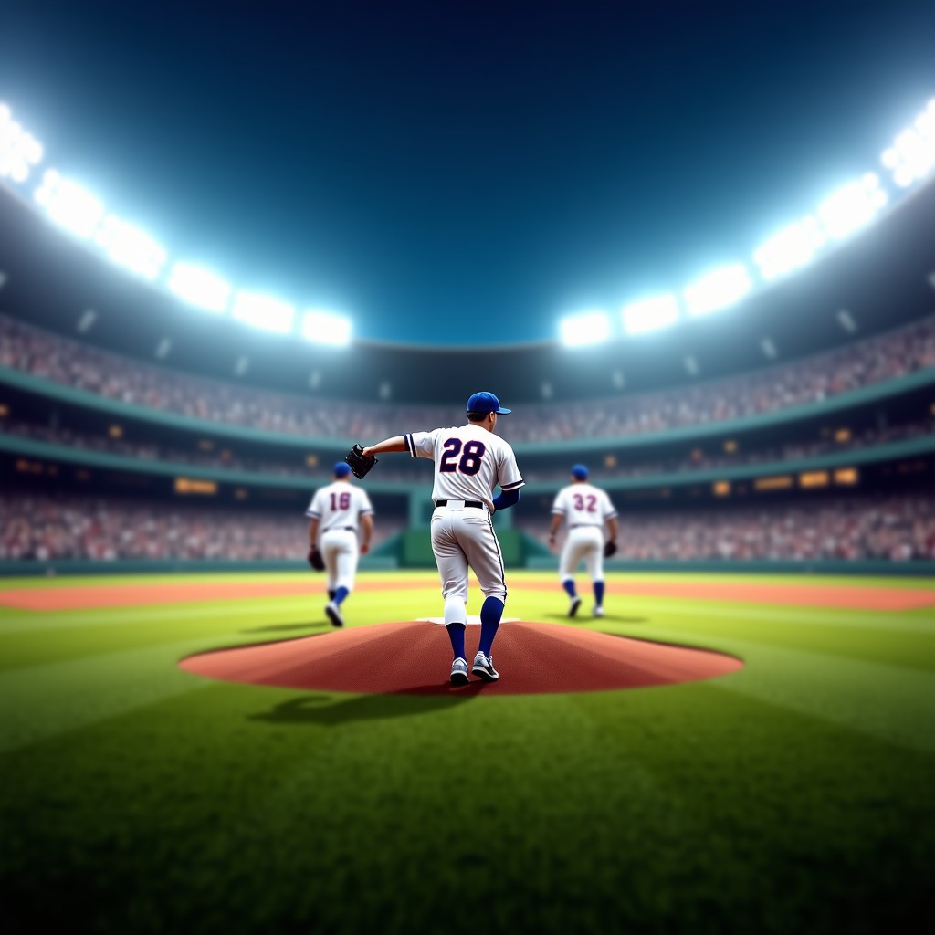 Dynamic shot of baseball players on the field during a game, stadium lights, high energy, professional sports photography, 4:3