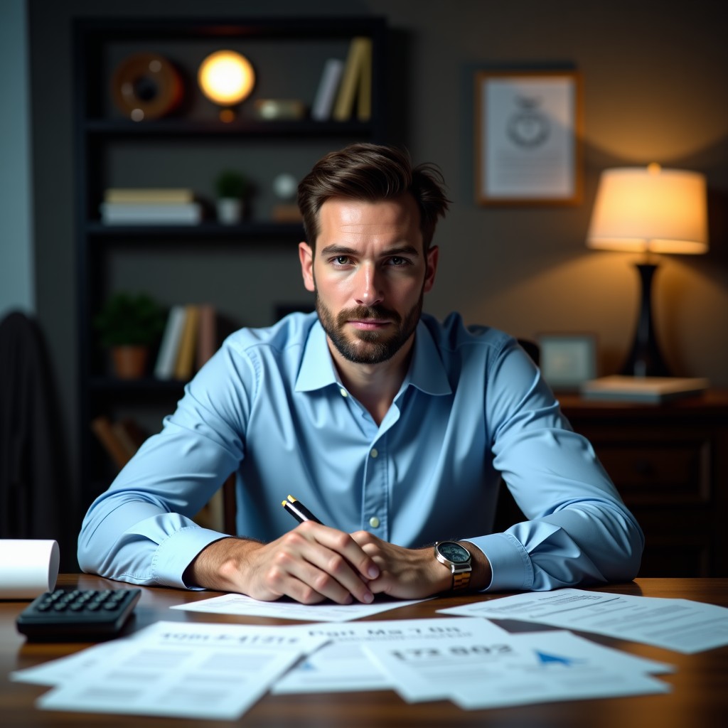 A man sitting at a desk with many financial documents and calculators, realistic style, indoor lighting, focused expression, cinematic atmosphere, 4:3