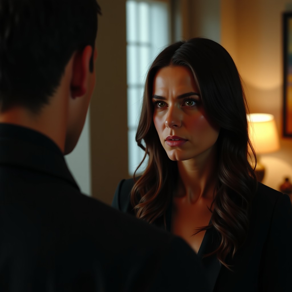 A high-quality realistic shot capturing an intense dramatic scene, indoor setting, cinematic composition, soft studio lighting, focused on human emotions, 4:3