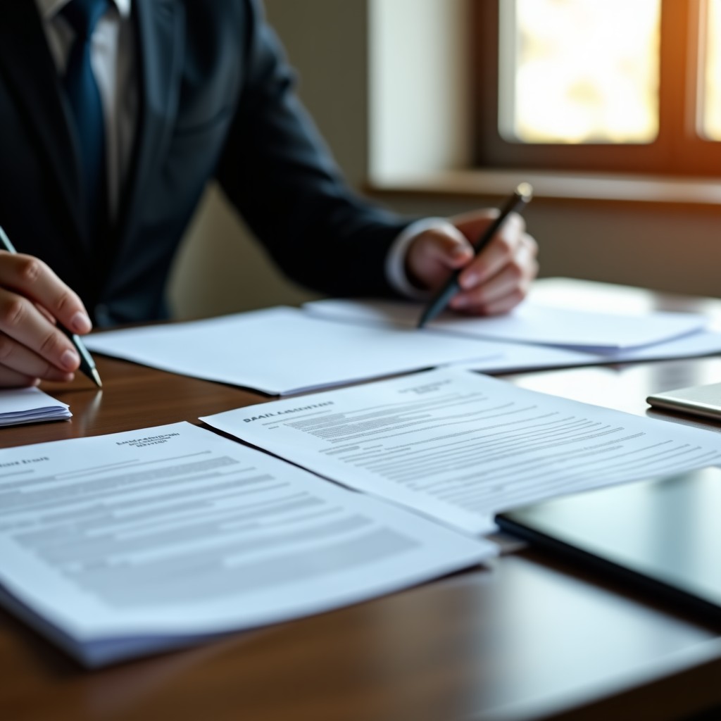 An aesthetic desk with various documents and legal papers, soft professional lighting, realistic, 16:9 aspect ratio.
