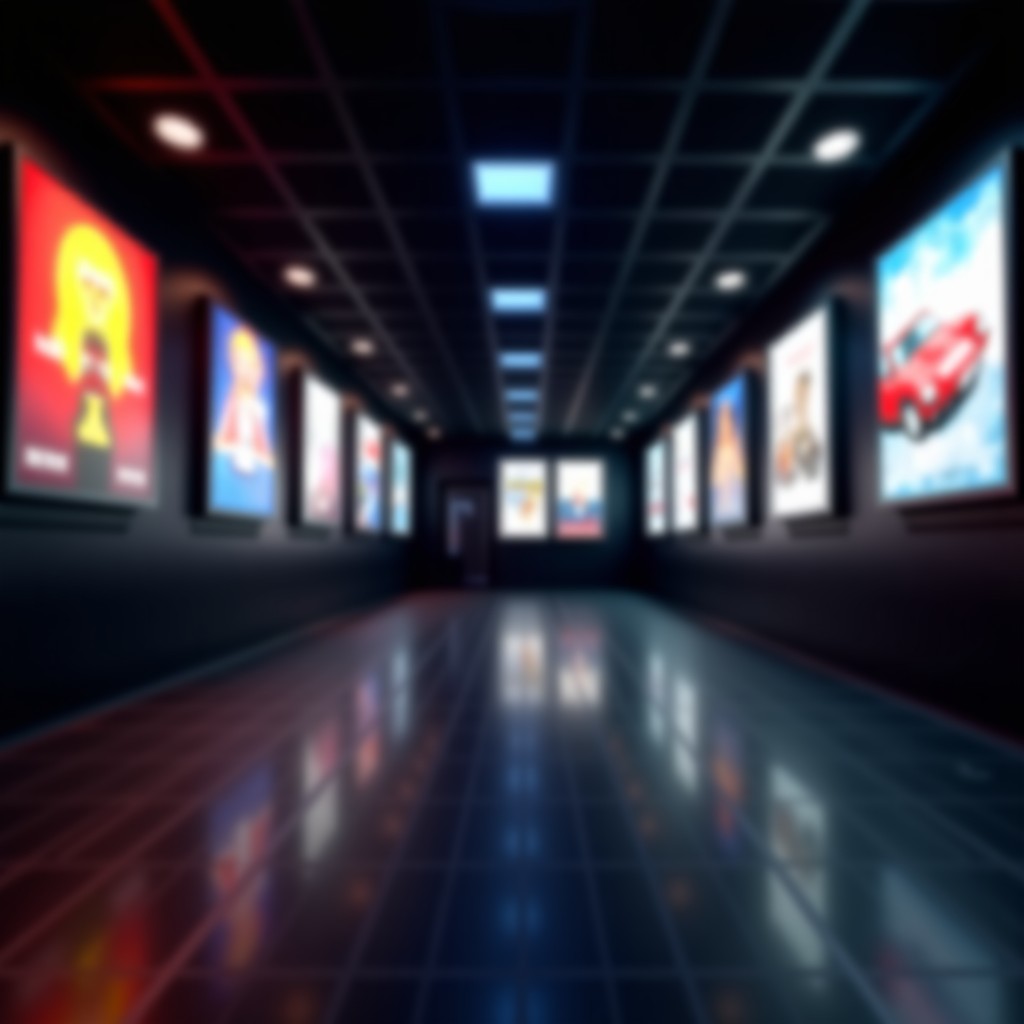 A dark theater lobby with blurred movie posters and ambient lights, modern, high contrast, realistic, 16:9 aspect ratio.