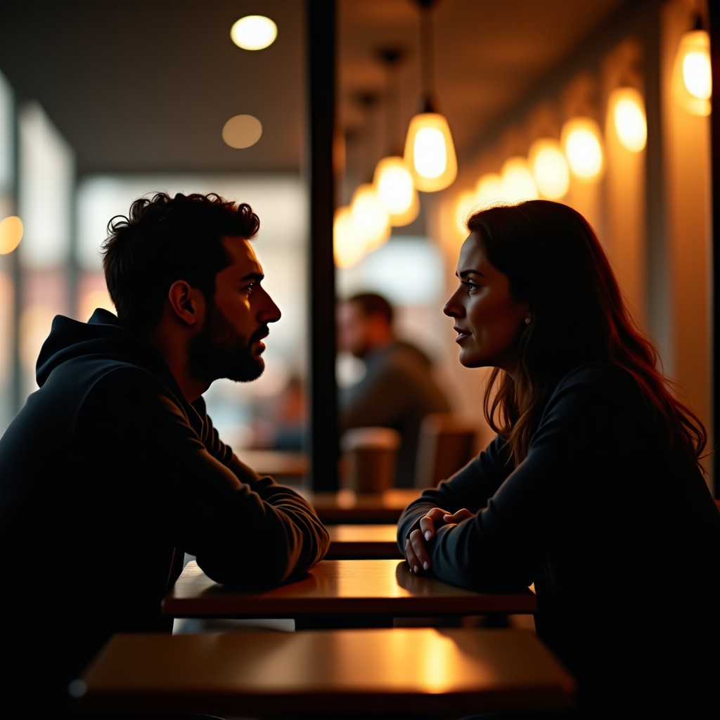 A close up of two people talking in a modern cafe, emotional atmosphere, dim warm lighting, cinematic depth of field, 16:9 aspect ratio.