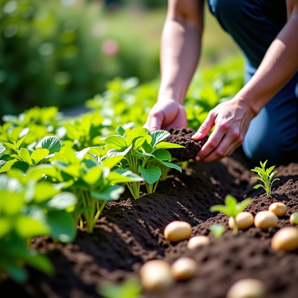 A gardener adding soil around potato plants in a neat garden row, sunny day, vibrant green leaves, gardening tools visible, 4:3