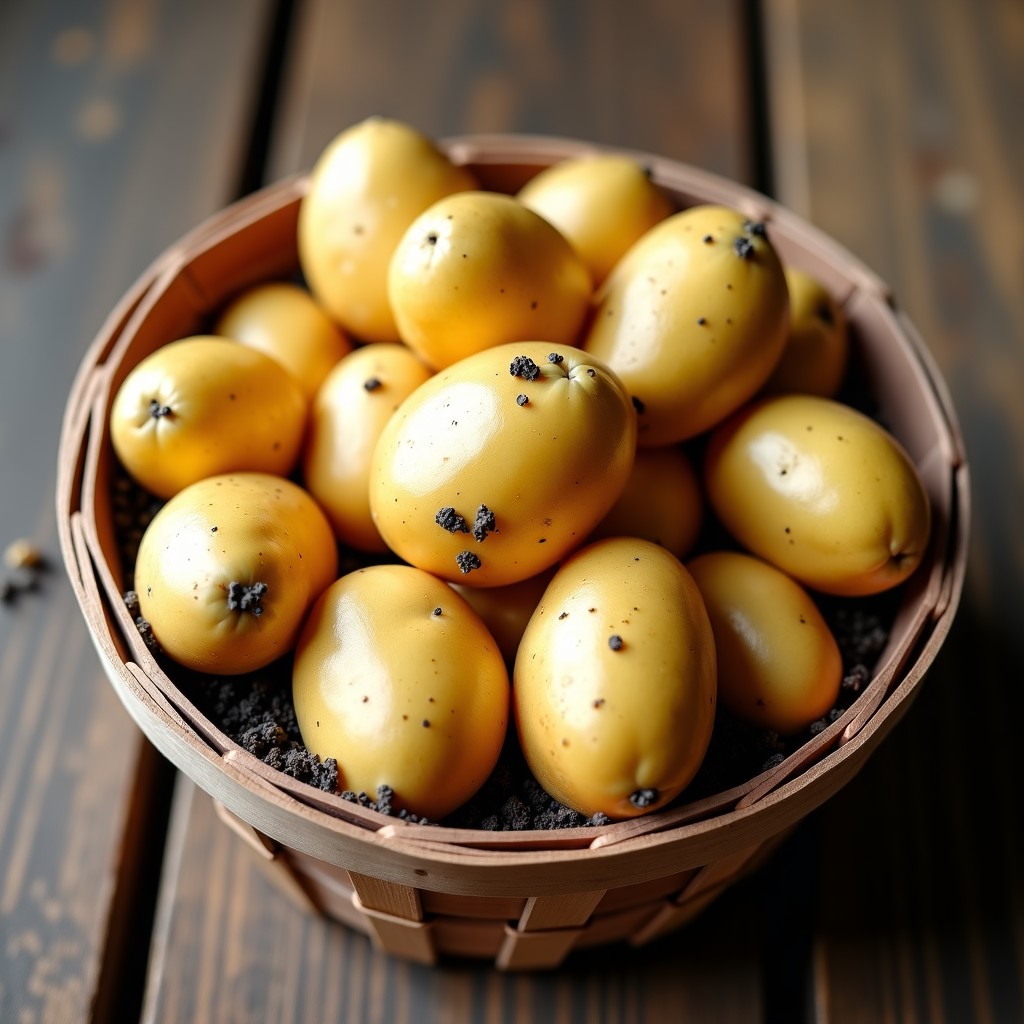 A basket full of freshly harvested potatoes with dirt, rustic wooden table background, morning sunlight, high quality photography, 4:3