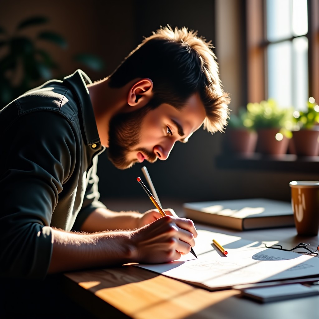 A detailed shot of an artist sketching at a wooden desk with intense focus, artistic and realistic, soft sunlight from a window, 4:3 aspect ratio.