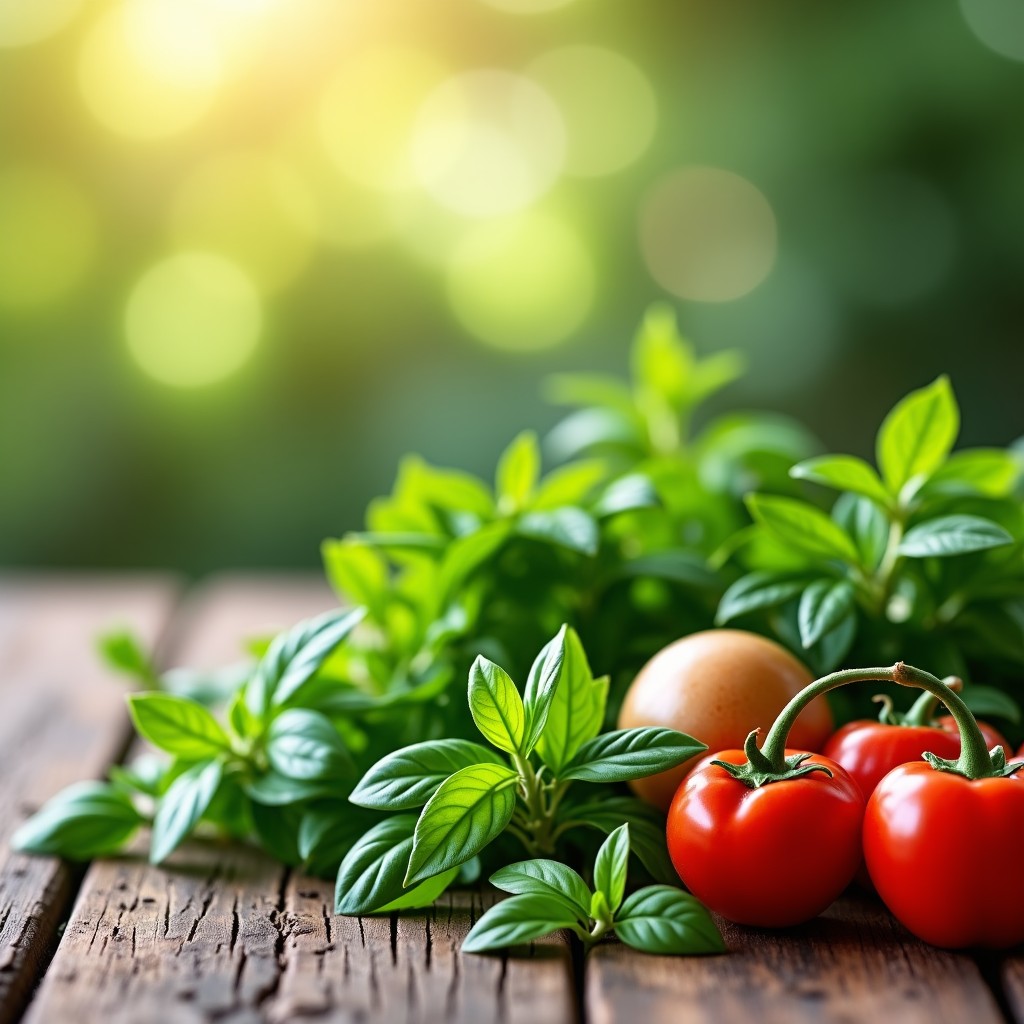 A wooden table arranged with various fresh spring herbs and vegetables, rustic and healthy food photography, warm morning glow, 4:3