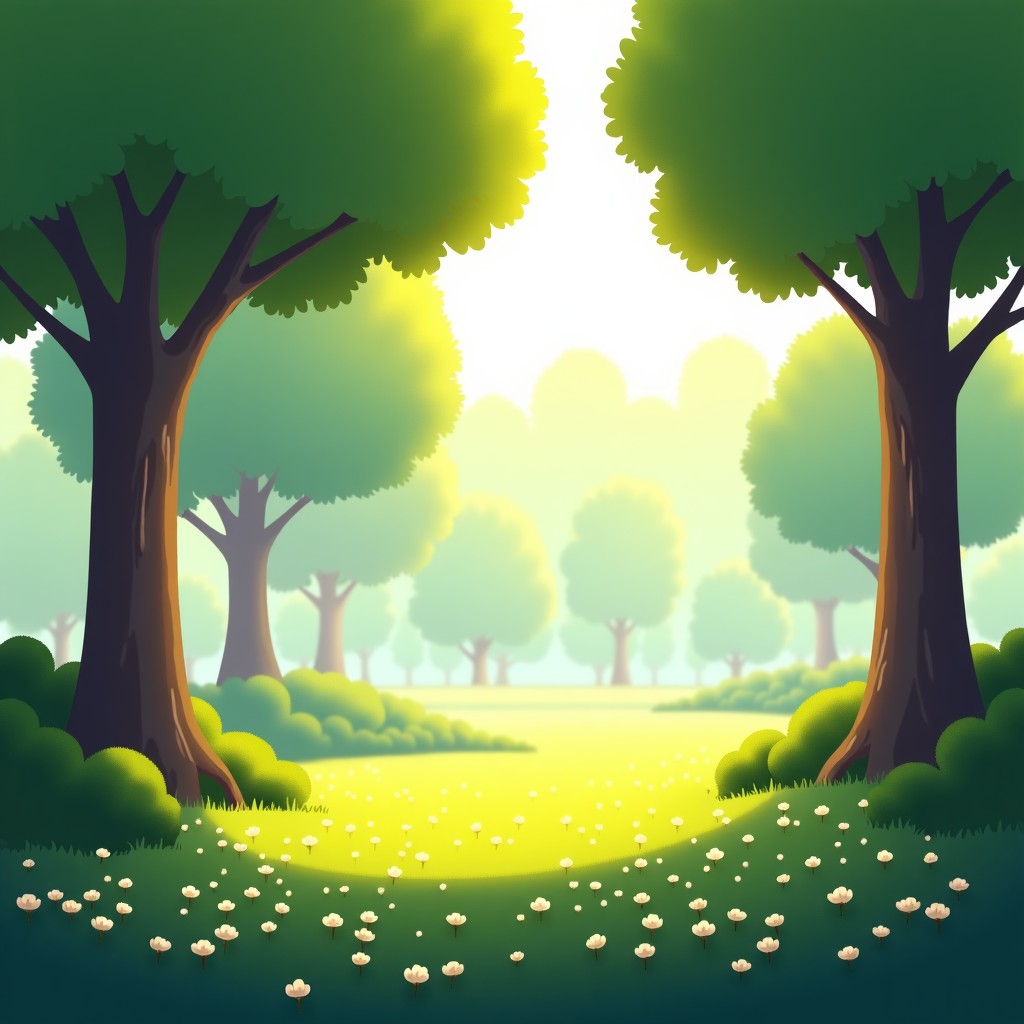 A serene garden scene with soft spring light filtering through trees, peaceful atmosphere, high resolution, 4:3