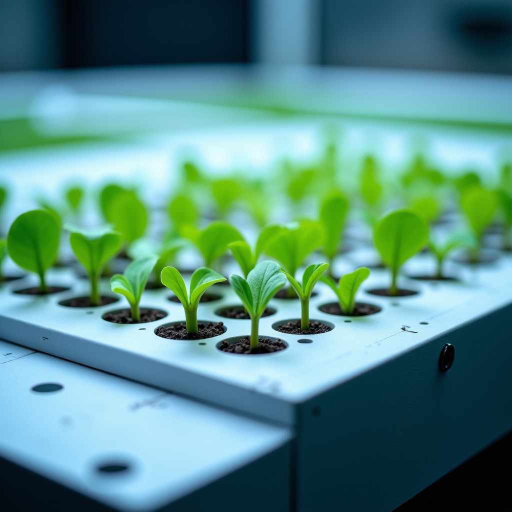 Close-up of automated industrial trays for insect farming with sensors, clean lab environment, macro photography, 1:1