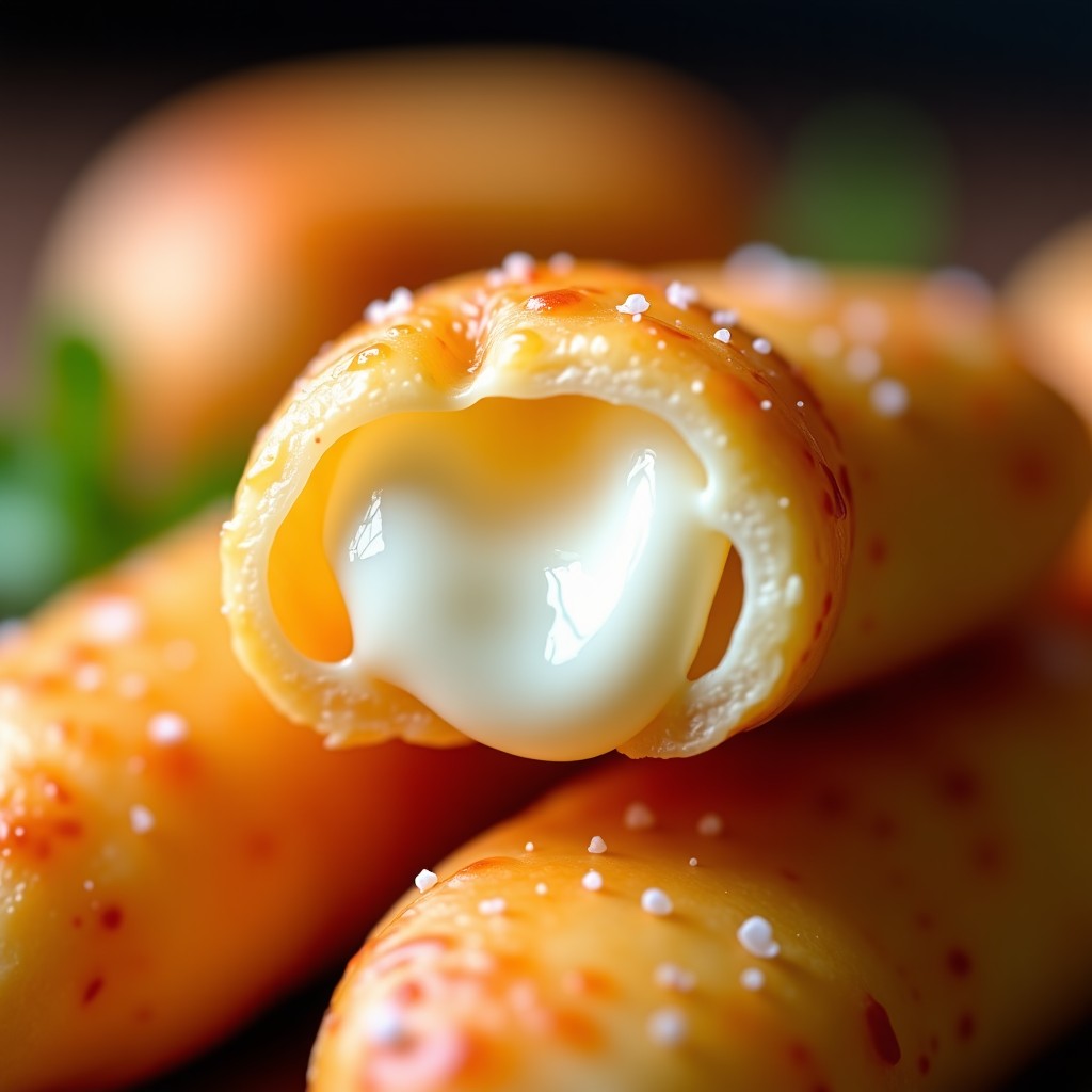 Macro shot of a bitten cheese stick revealing hot white mozzarella cheese inside, crisp golden coating, bokeh background, commercial food styling, 4:3