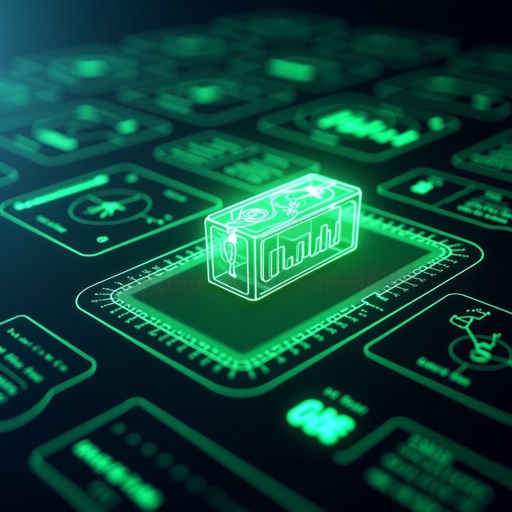 Futuristic user interface showing environmental data and growth metrics for an insect farm, holographic glow, dark tech background, 4:3