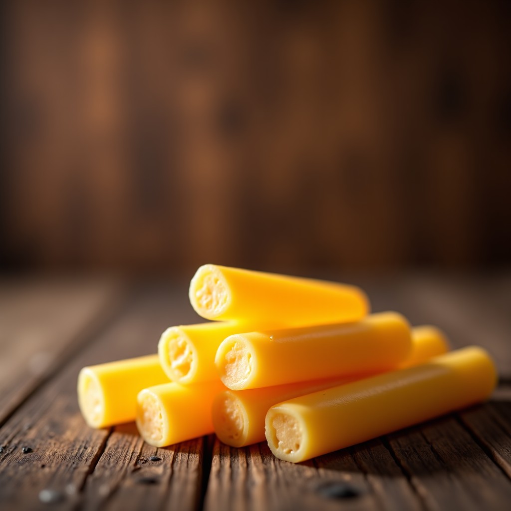 A cinematic composition of American style cheese sticks, rustic wooden table background, warm and inviting atmosphere, studio lighting, 1:1