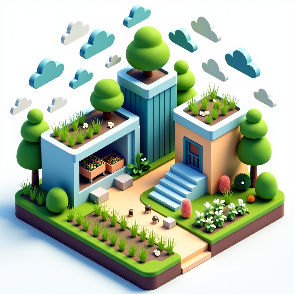 Modern indoor agriculture concept showing the cycle of waste transforming into animal feed, vibrant colors, clean and professional look, 16:9