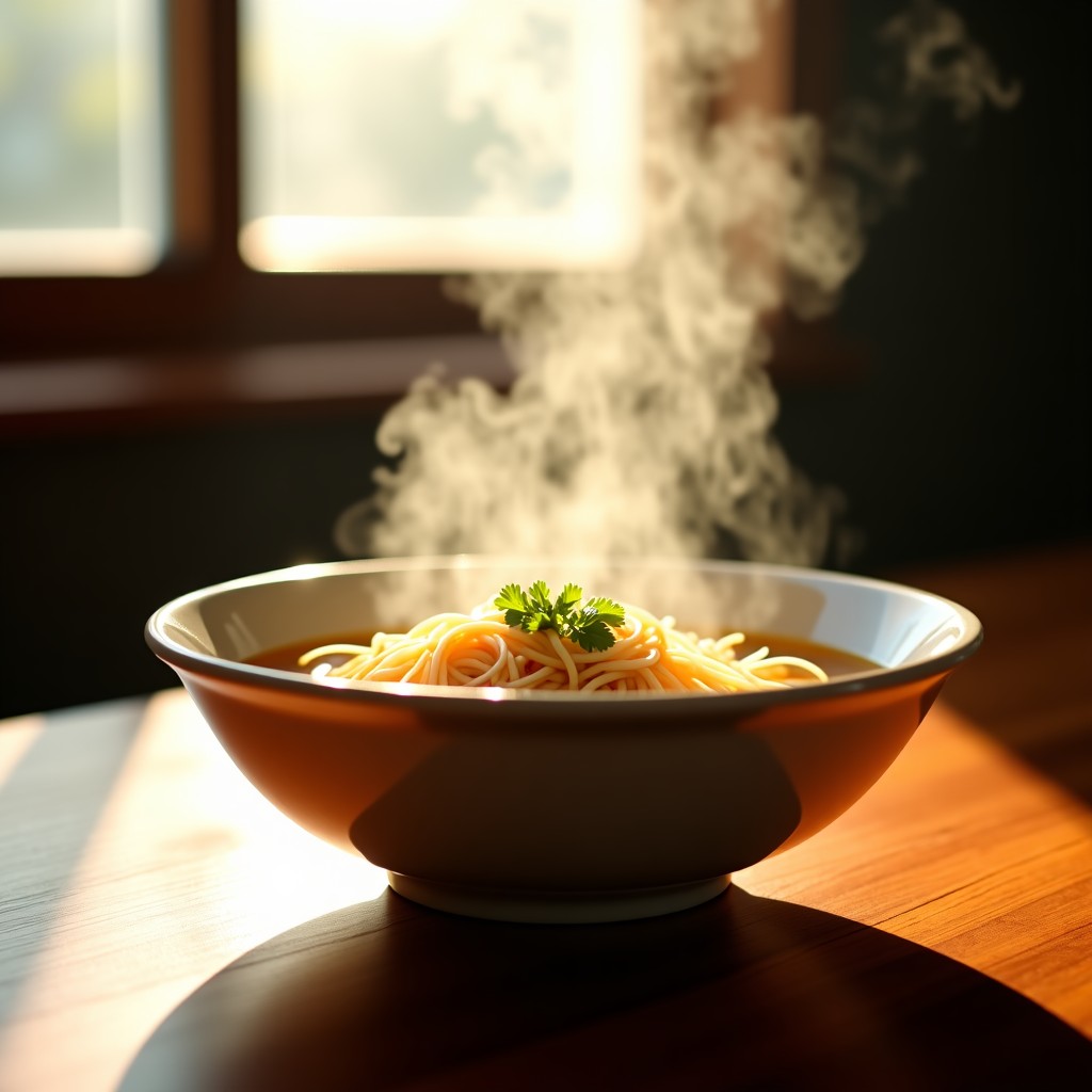 Close up shot of a steaming bowl of hot noodle soup, warm and cozy atmosphere, natural sunlight streaming through a window, shallow depth of field, 4:3
