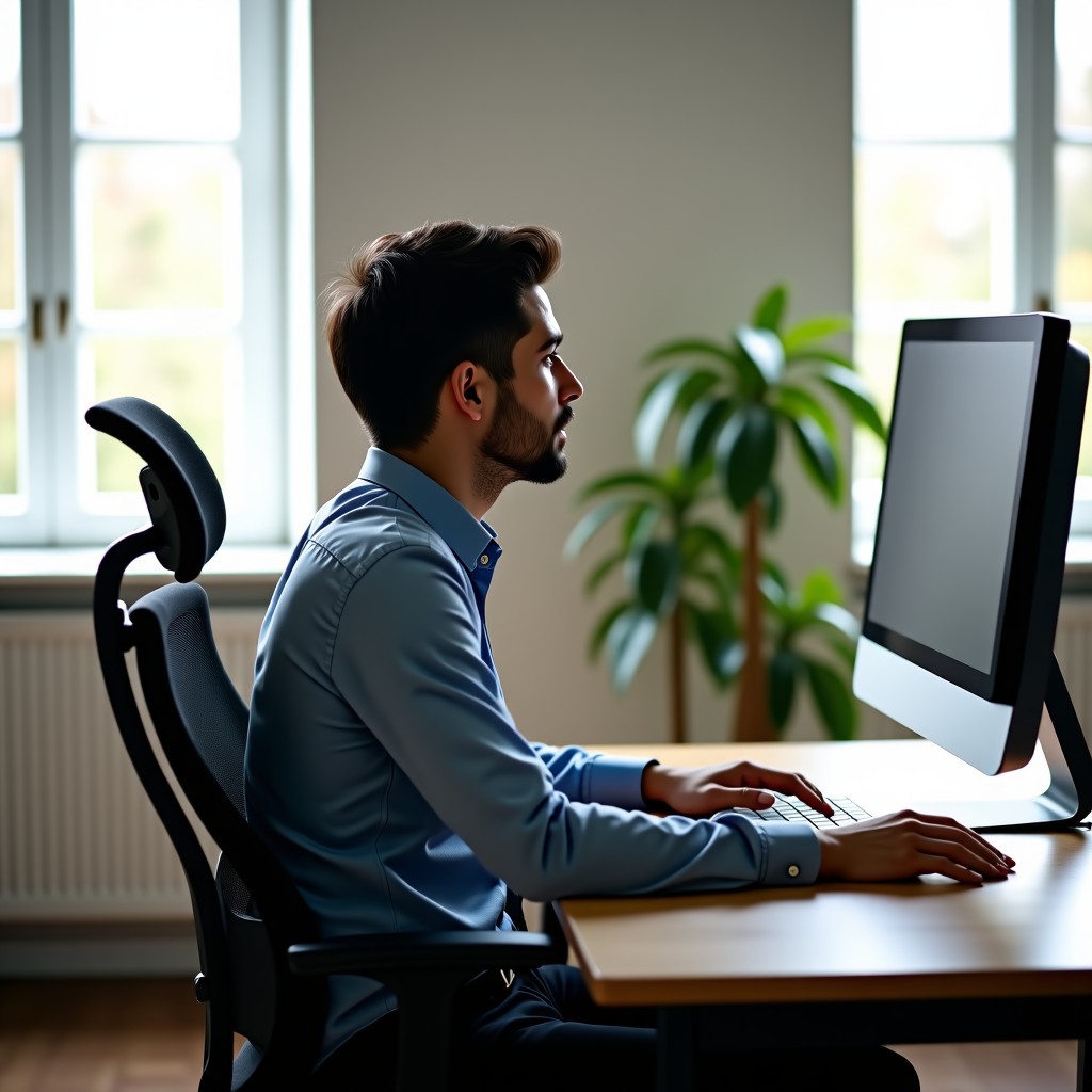 A focused professional sitting at a desk with an ergonomic chair and monitor, natural workspace environment, high quality photography, soft natural lighting, 16:9 ratio