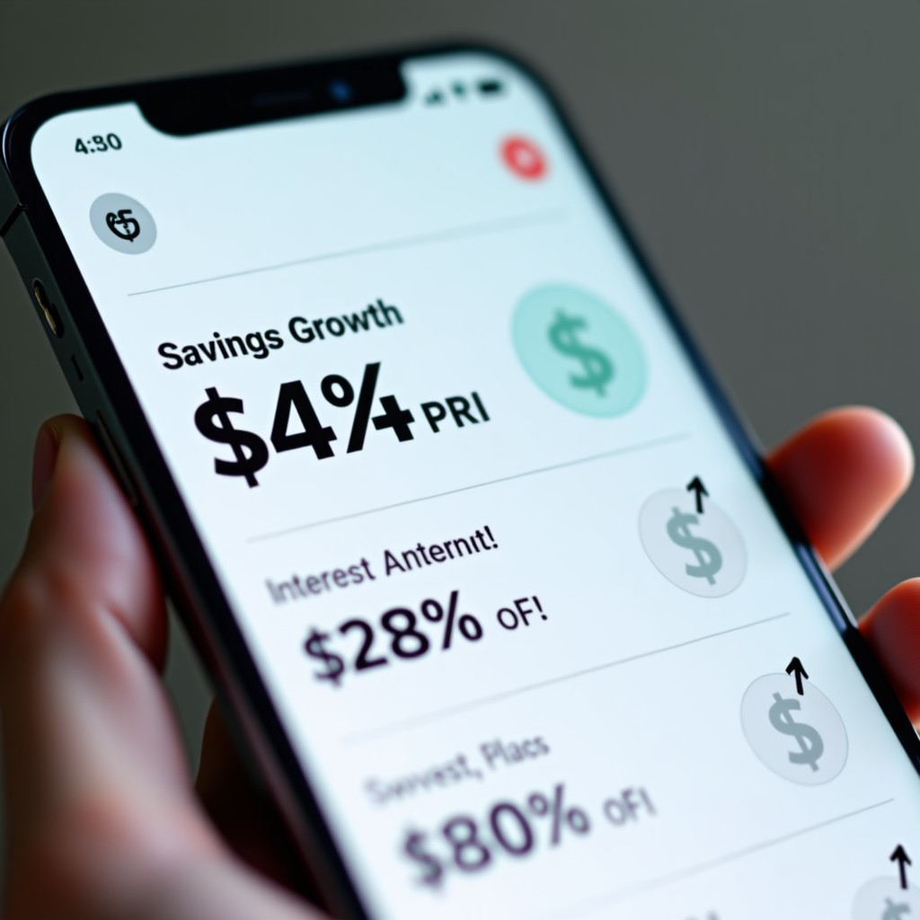 A close-up shot of a smartphone app interface showing savings growth and interest rate graphics, minimalist style, bright and balanced lighting, 4:3 aspect ratio.