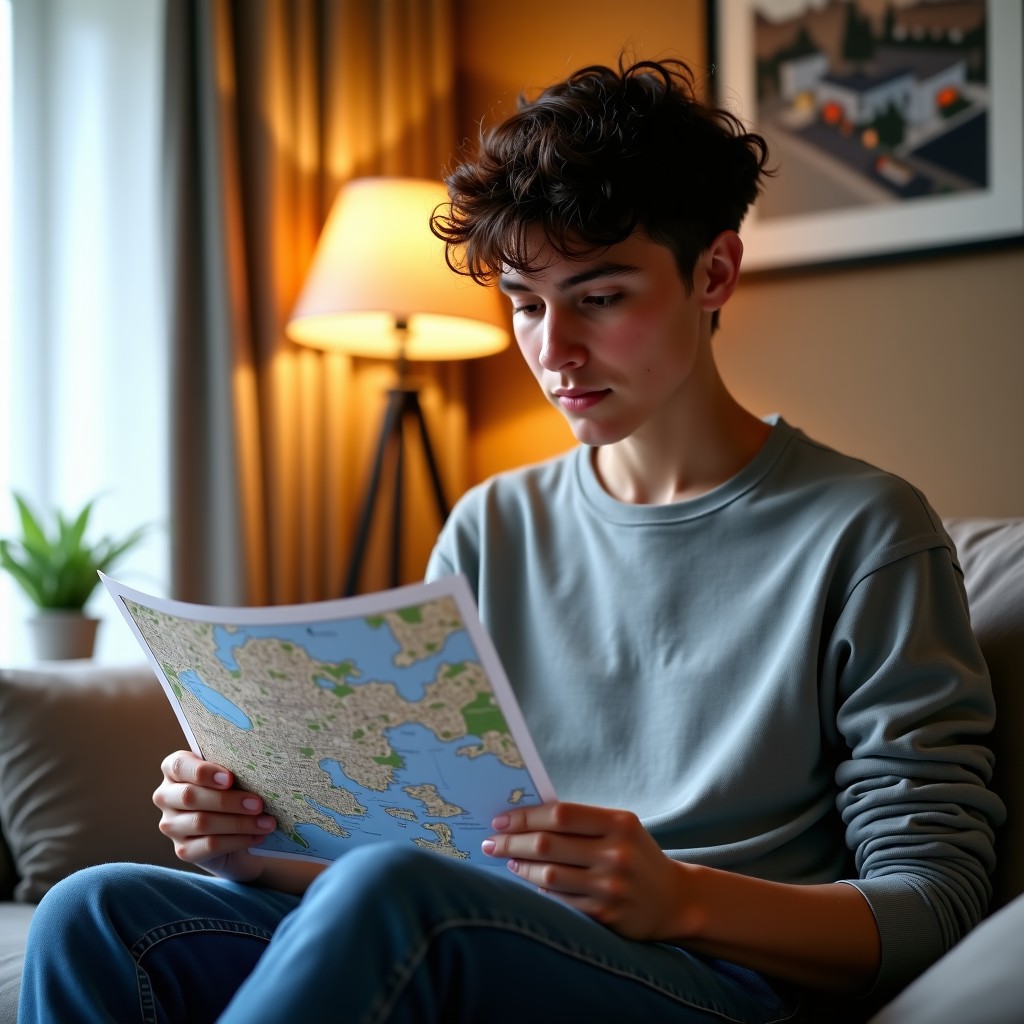 A young person looking at a city map and checking property brochures in a comfortable modern living room, realistic photography, warm indoor lighting, 4:3 aspect ratio.
