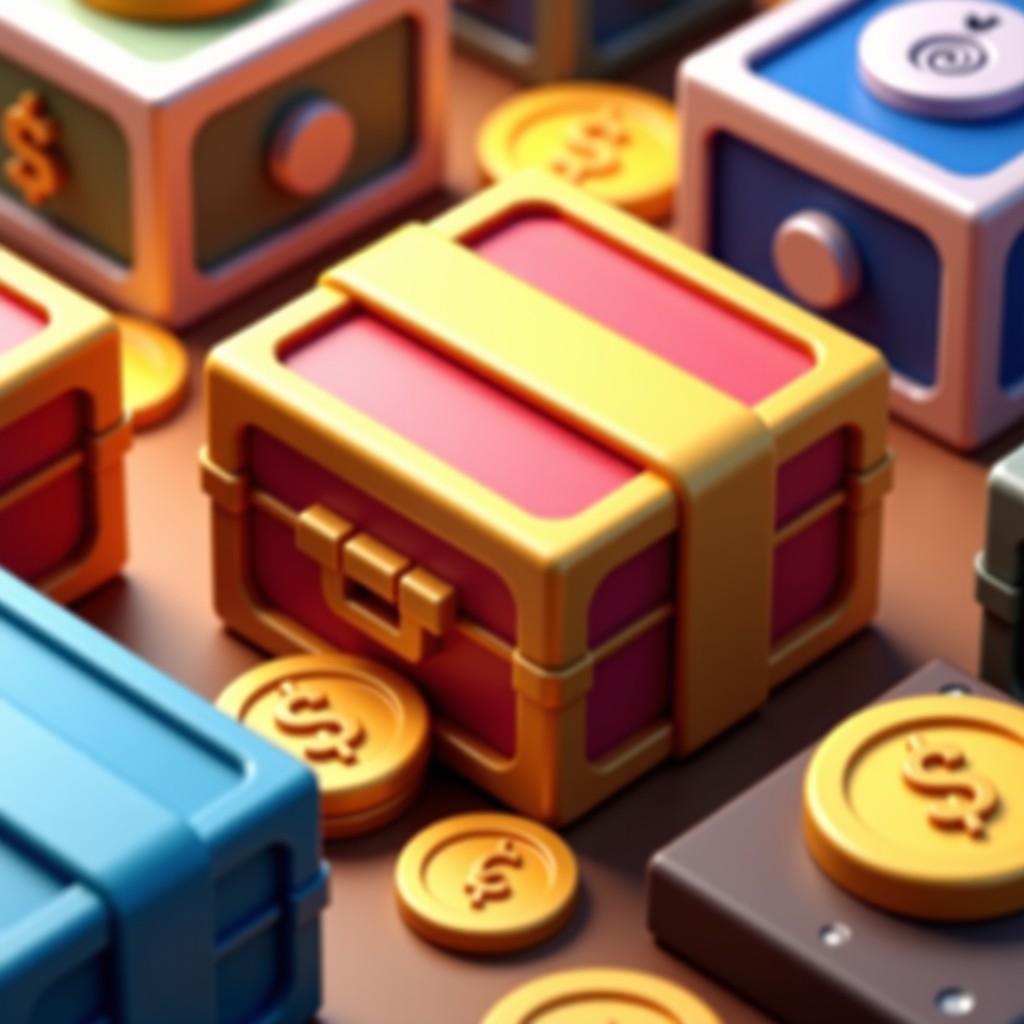 Close up of various digital game loot crates and currency icons, realistic style, vibrant colors, 4:3