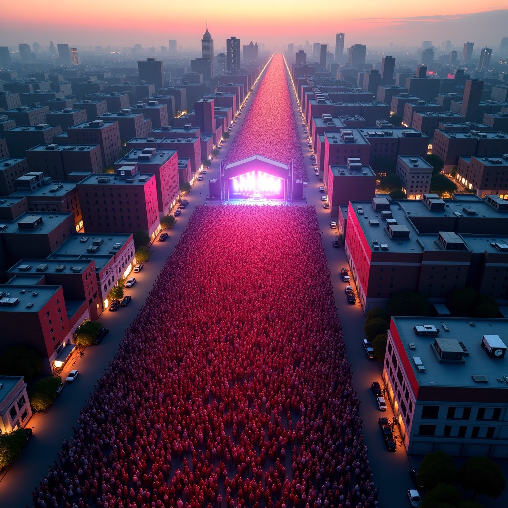 An aerial view of a massive crowd of people at an outdoor concert venue in a city center, bright and energetic, high resolution, 4:3