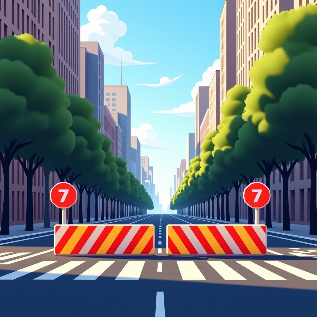 A street view of a blocked city road with traffic signs and safety barricades, urban cityscape, realistic, 4:3
