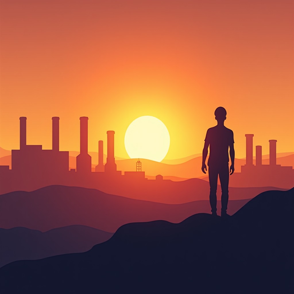 Abstract representation of safety, industrial environment with sunset background, warm tones, high resolution, 4:3