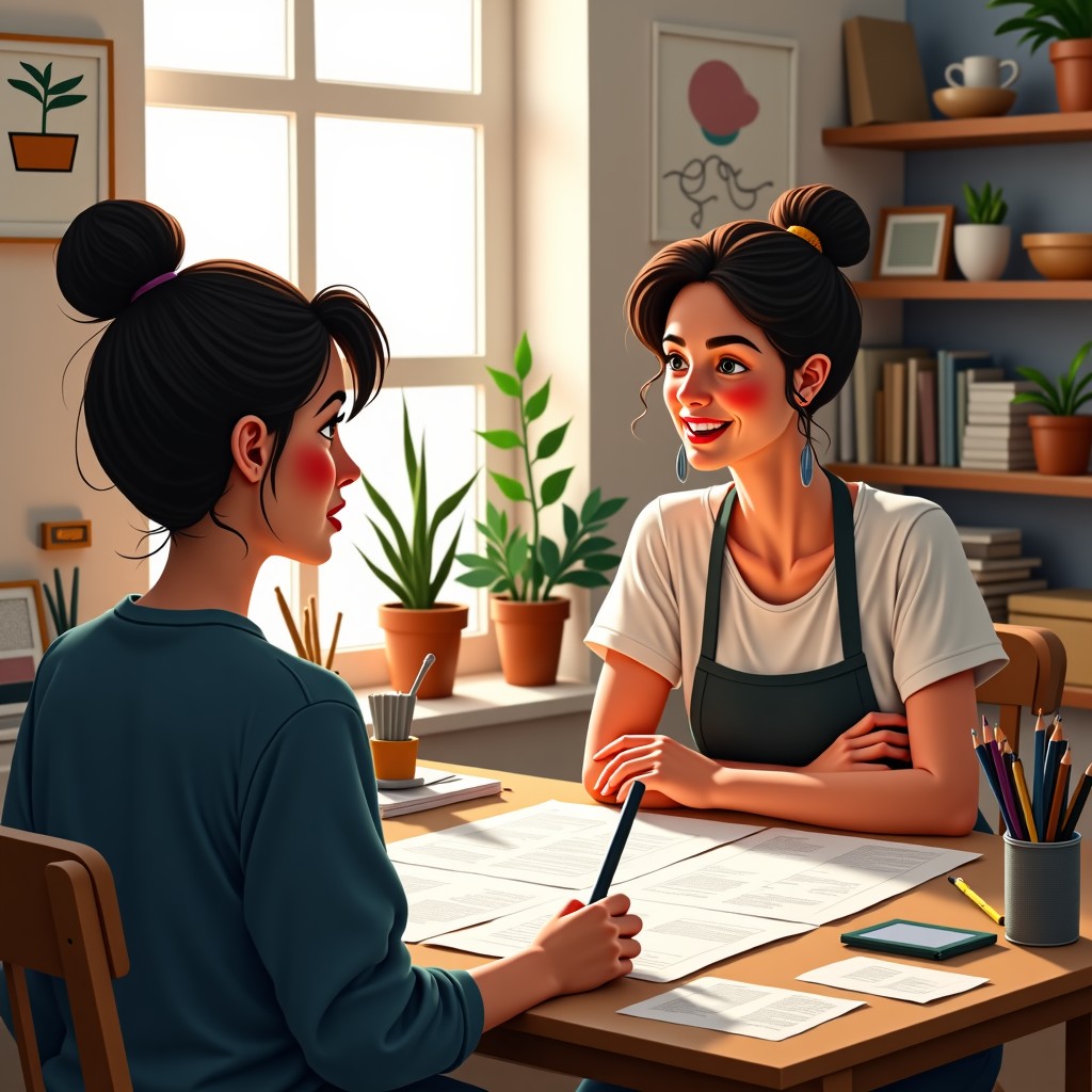 Two artists talking in a cozy studio filled with sketches and paper, focus on the expressive faces and paper textures, soft indoor lighting, detailed, 4:3