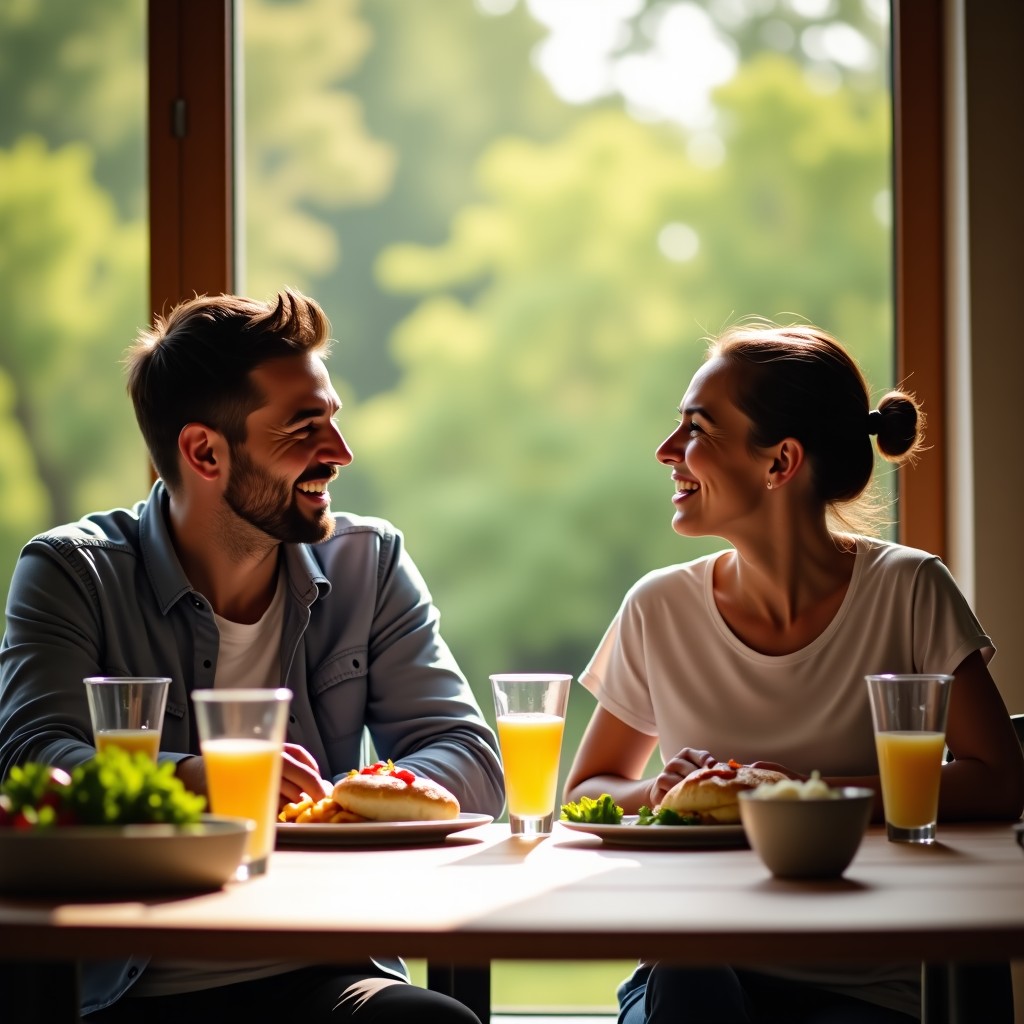 Wide shot of two people sharing a meal and laughing in a peaceful, natural environment, balanced lighting, professional photography style, 4:3