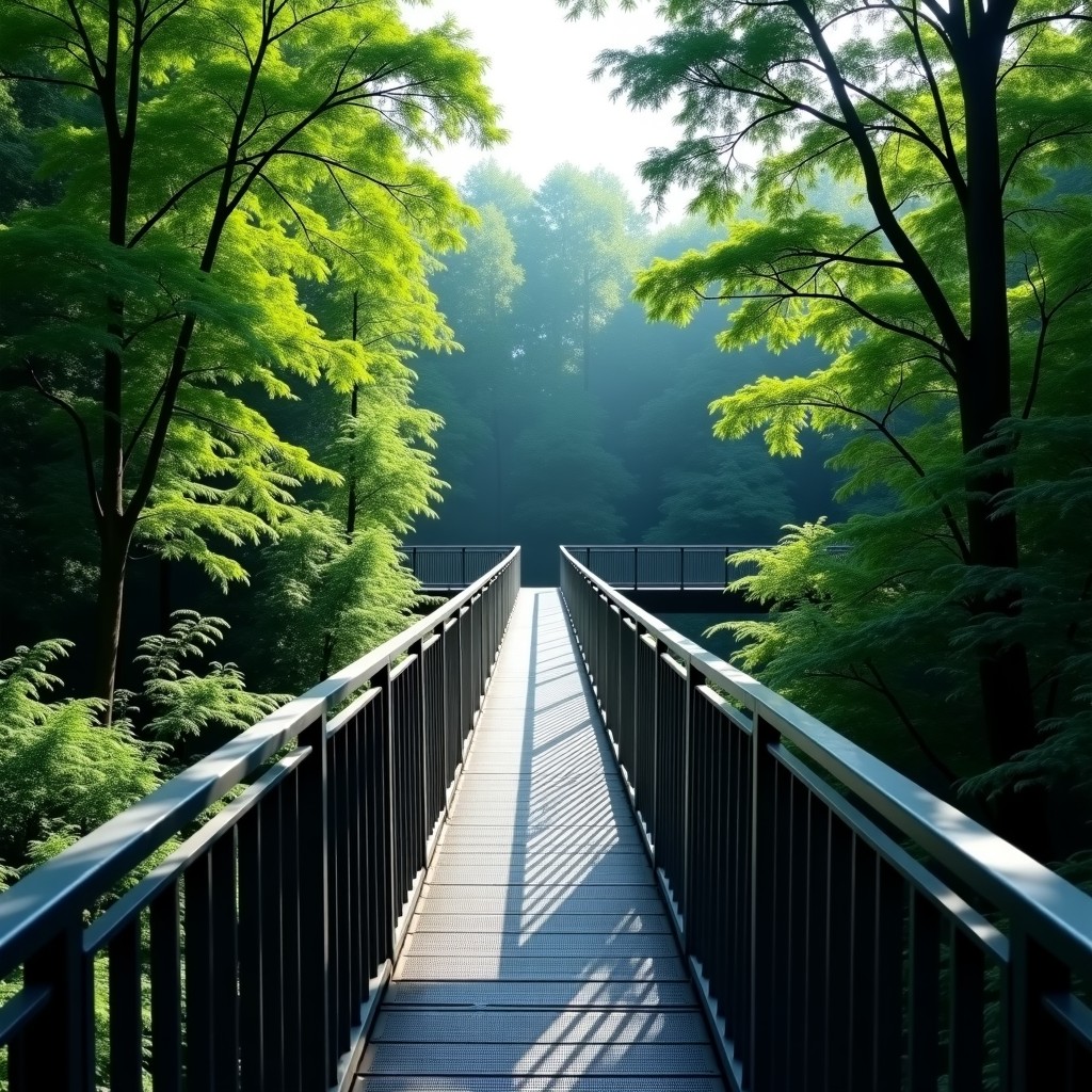 Modern steel walkway structure cutting through a green forest, high contrast, 4:3