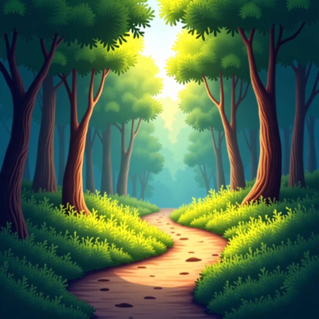 Narrow dirt path winding through a dense natural forest, sunbeams filtering through leaves, 4:3