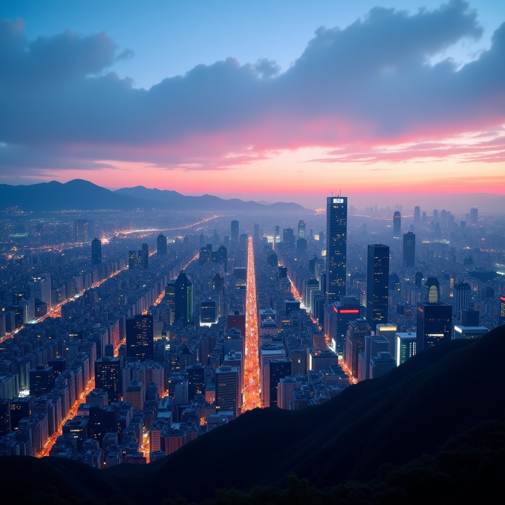 Panoramic view of Seoul city lights at dusk from a very high skyscraper, artistic composition, dreamy atmosphere, 4:3