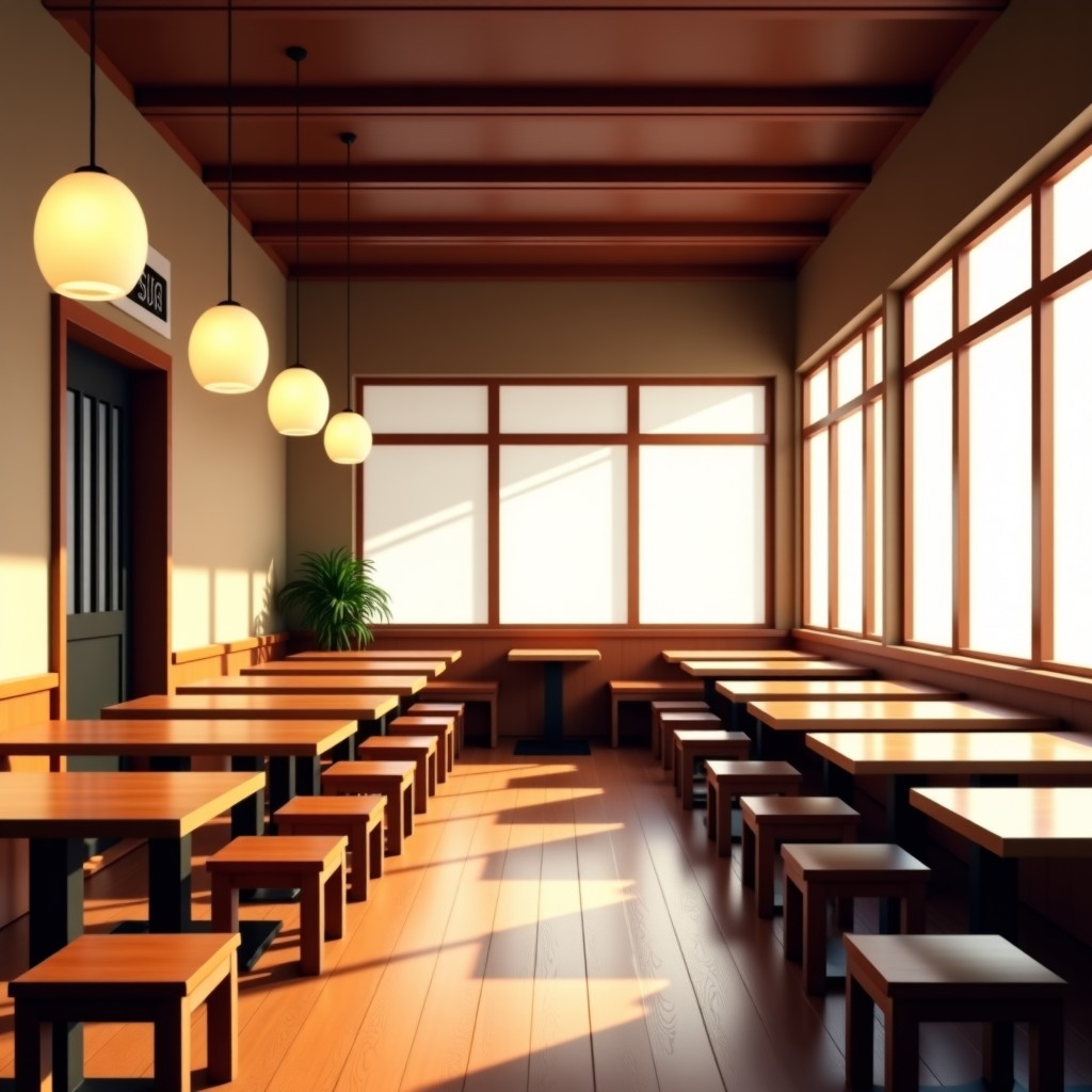 Interior of a Japanese udon restaurant with wooden furniture, warm lighting, modern minimalist design, empty tables ready for service, realistic lifestyle photography, 4:3