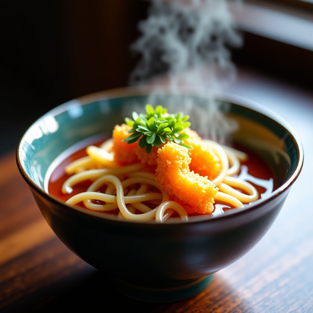 A professional shot of a bowl of udon noodles with tempura, steam rising, macro lens, selective focus, vibrant colors, realistic, 4:3