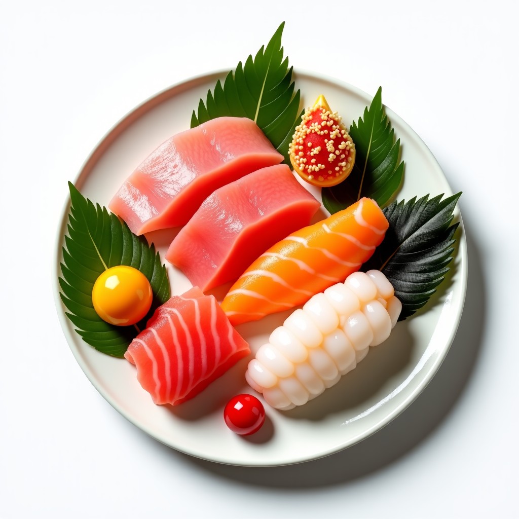 Platter of assorted fresh sashimi including raw shrimp and sea urchin, minimalist presentation, professional plating, clean background, realistic style, 4:3
