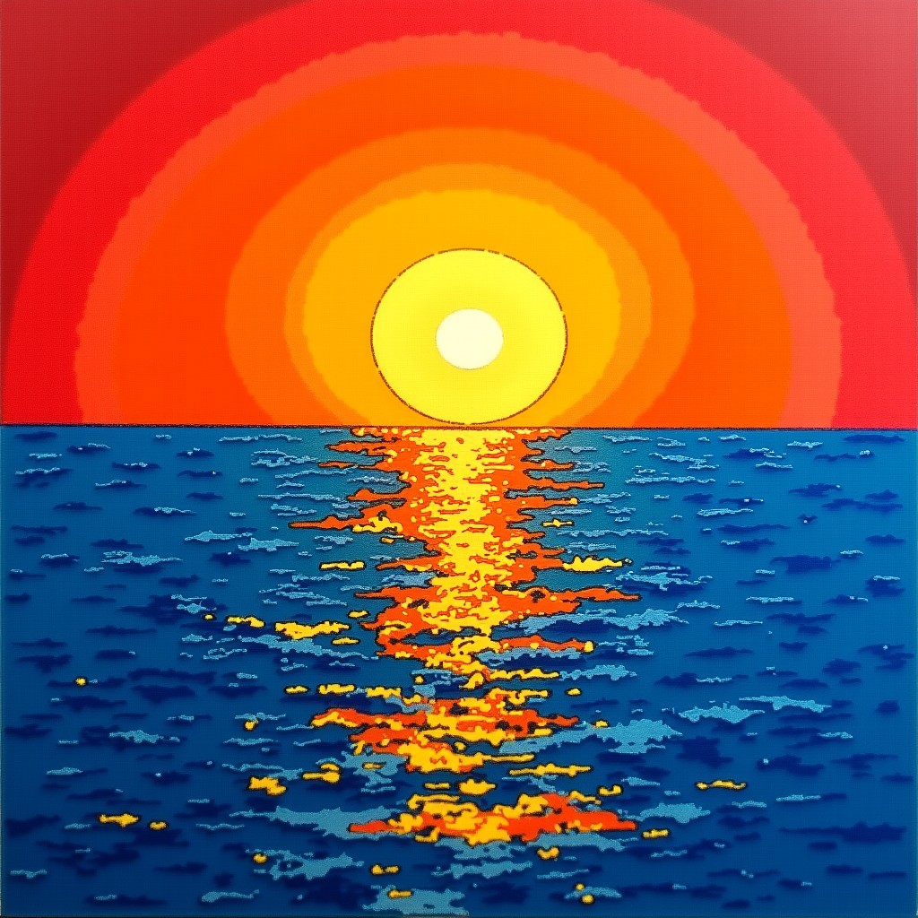 A close-up artistic rendering of an oil pastel drawing showing a vibrant sunset over the ocean with textured strokes, bright warm colors reflecting on water, artistic style, 4:3